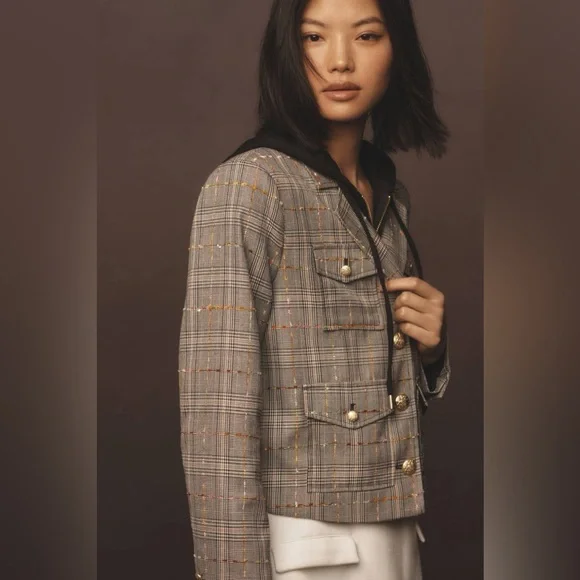 By Anthropologie Glen Plaid Tweed Blazer with Gold Buttons MISSING HOODIE Med - Picture 2 of 11